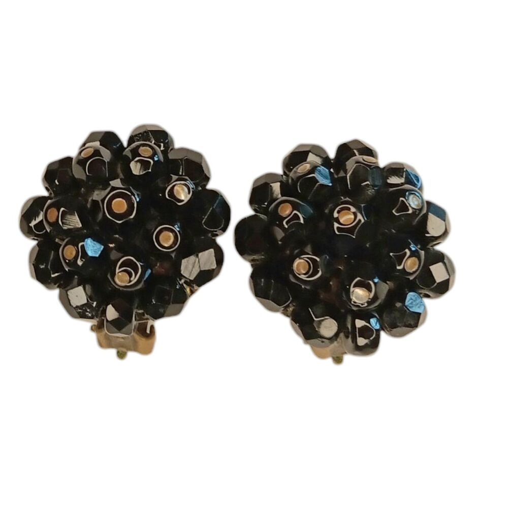 Vintage Black Plastic Bead & Copper Cluster Clip On Earrings Patent Pending